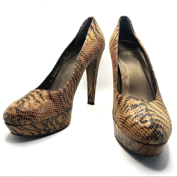 STUART WEITZMAN BROWN & BLACK LEATHER ANIMAL PRINT SNAKESKIN EMBOSSED HEELS (9)